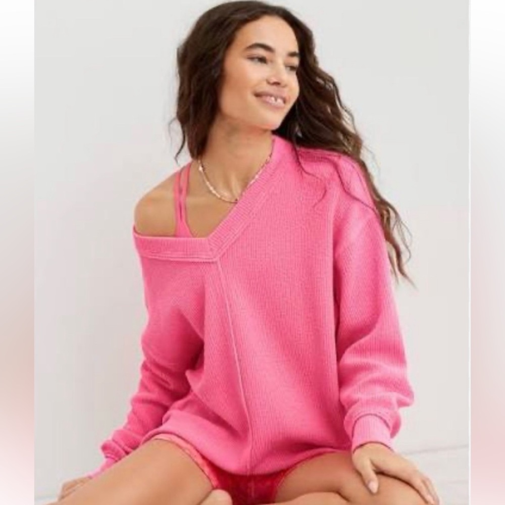 Aerie Pink V-Neck Ribbed Top Oversized Small